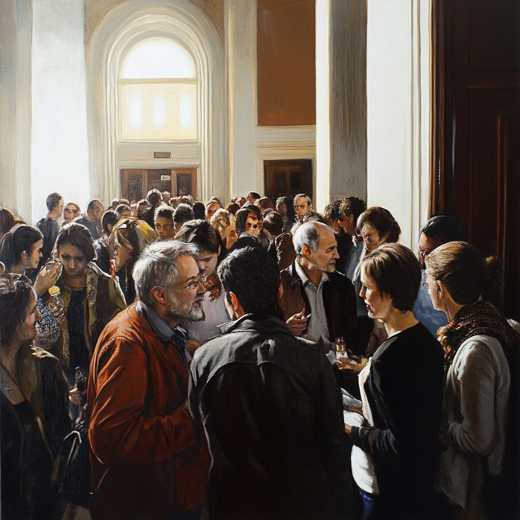 https://cdn.discordapp.com/attachments/1161663070364500081/1275954500469002260/ike0263_realistic_painting_of_a_crowd_of_people_talking_in_a_ch_c3aa89fe-d8fb-4106-a043-33a72951dc84.png?ex=66c7c4bb&is=66c6733b&hm=ed4d38a659d0c8051fc63a099b4565a349004670d5e694386547648ab3fbf5fc&