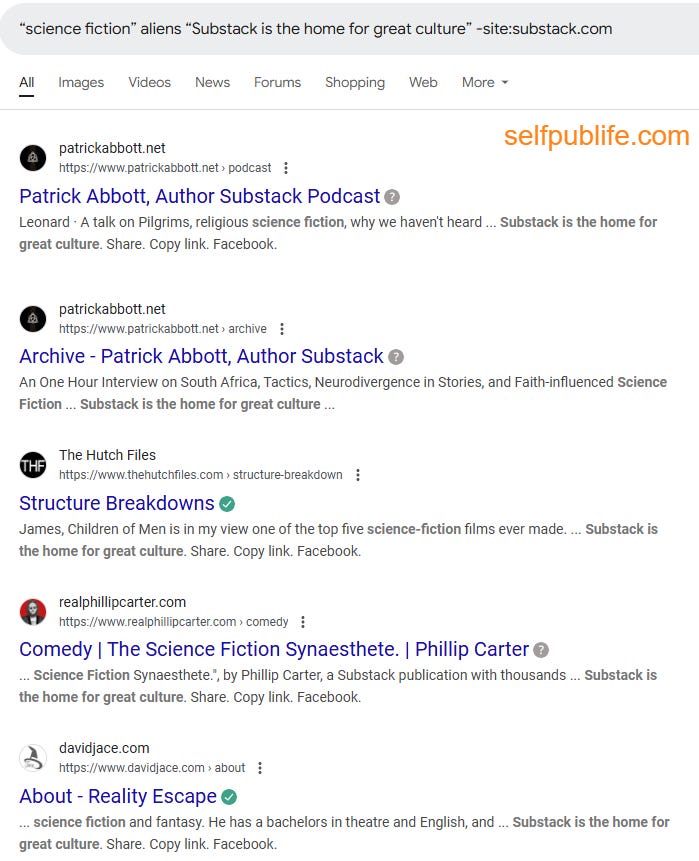 Screenshot of Google search results page for Substacks using custom domains.