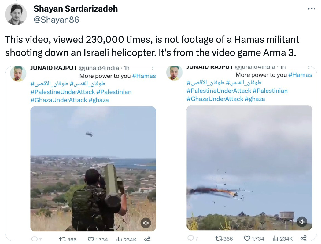 "This video, viewed 230,000 times is not footage of a Hamas militant shooting down an Israeli helicopter. It’s from the video game Arma 3."
