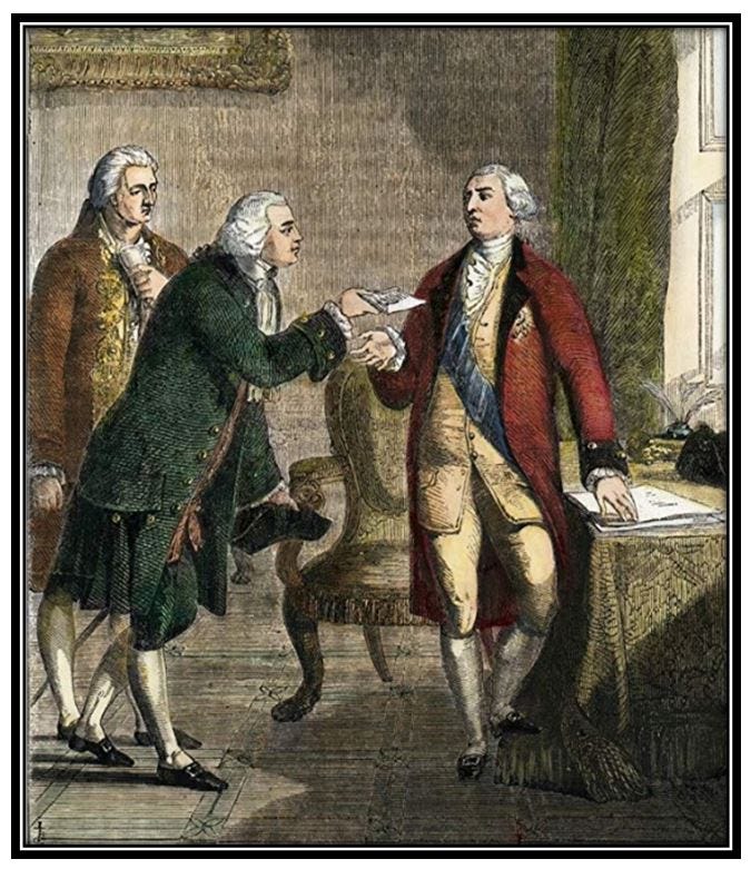 John Adams presented to King George III, in 1785, as the first ambassador to the English court (19th century engraving)