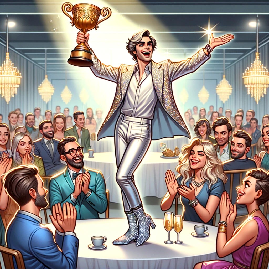 A digital illustration of an individual at a social gathering, standing in the center of a group of people. This person is dramatically gesturing with one hand, holding an extravagant, oversized trophy in the other, with a wide, confident smile on their face. They're dressed in flashy, attention-grabbing attire, possibly with sparkling accessories, clearly aiming to impress the onlookers around them. The onlookers are a mix of amused and impressed, some clapping, while others are raising their eyebrows in disbelief. The setting is an elegant room, perhaps at an upscale party or a celebratory event, with luxurious decor and a festive atmosphere, highlighting the person's intent to showcase their achievement or status.