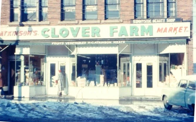 A historic photo of a shop called ATKINSON'S CLOVER FARM