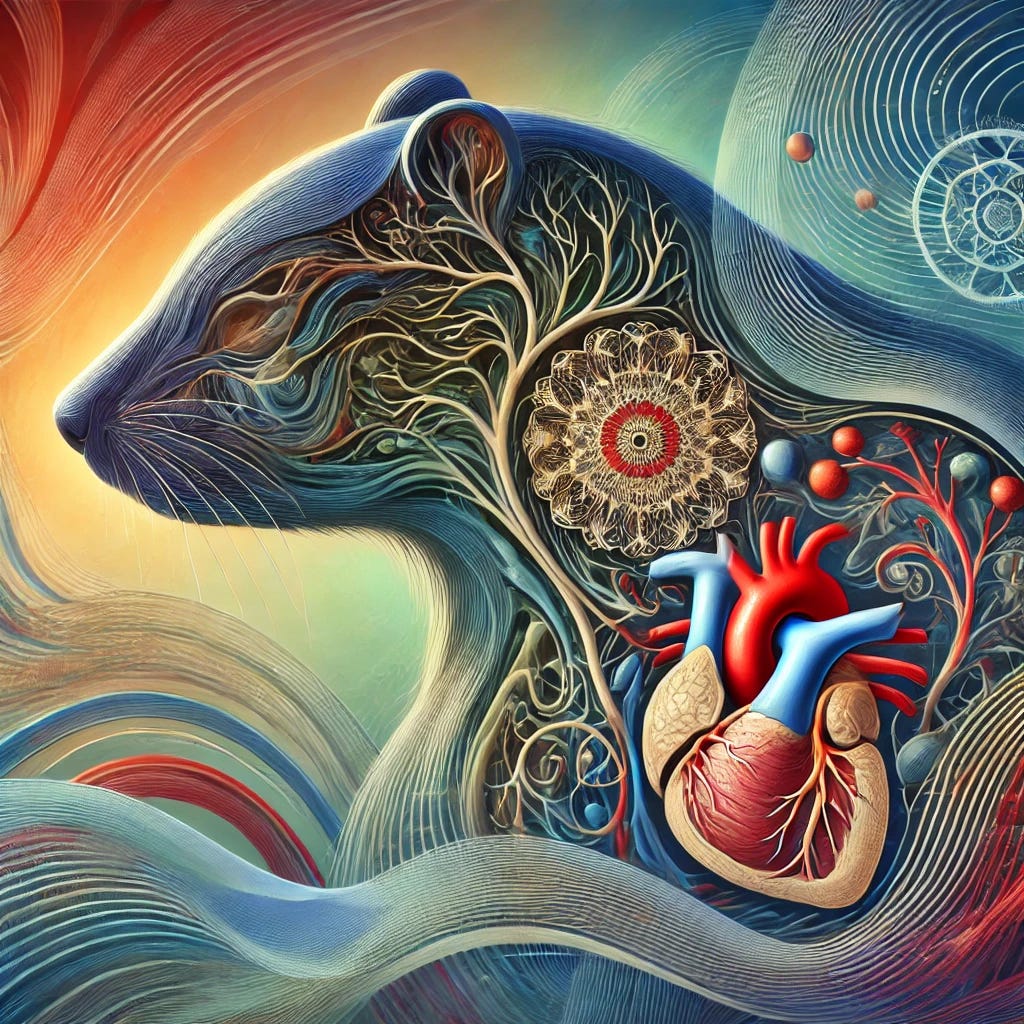 An artistic representation of the 'mammalian stress mechanism.' The image should feature a detailed depiction of a mammal's silhouette with internal organs subtly highlighted. Within the silhouette, illustrate abstract representations of stress responses, including the release of hormones and the impact on the heart and other organs. The design should incorporate flowing lines and patterns to symbolize the biological processes and interconnectedness of systems. The background should be a gradient of calming colors like blue and green, contrasting with vibrant reds and oranges to signify stress. The overall mood should convey the complexity and significance of the stress response in mammals.