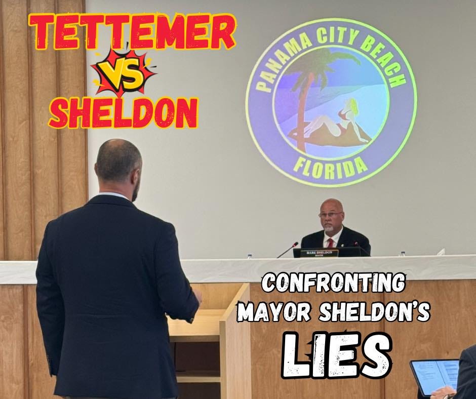 May be an image of 3 people and text that says 'TETTEMER PAYANA CITY BEACH VS' SHELDON FLORIDA CONFRONTING MAYOR SHELDON'S LIES'