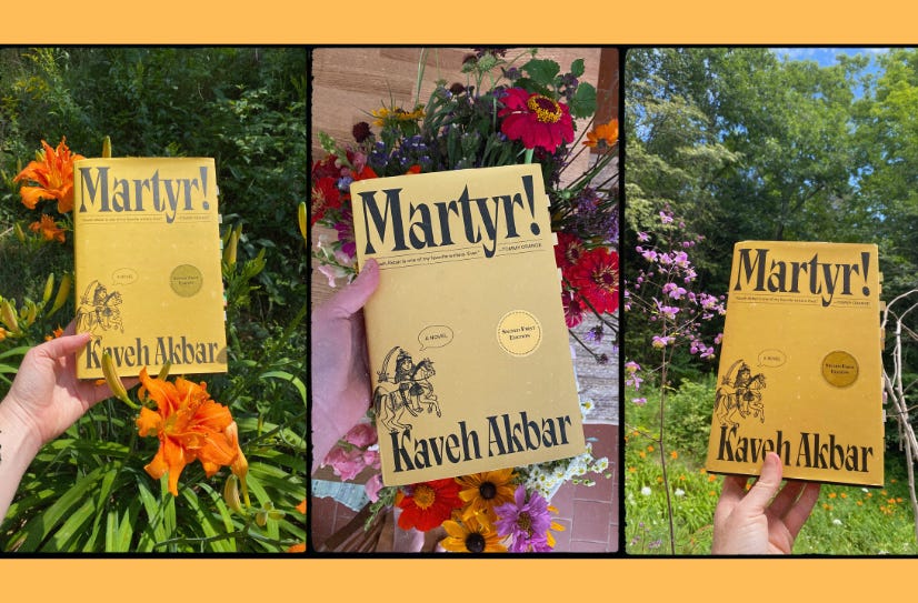 Three photos of Martyr! on three different backgrounds: next to daylilies, in front of a large mixed bouquet, next to a purple flower.