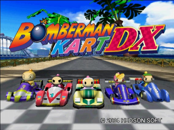 A screenshot of the title screen of Bomberman Kart DX, which includes five different playable racers lined up at the checkered line, underneath the game's logo.