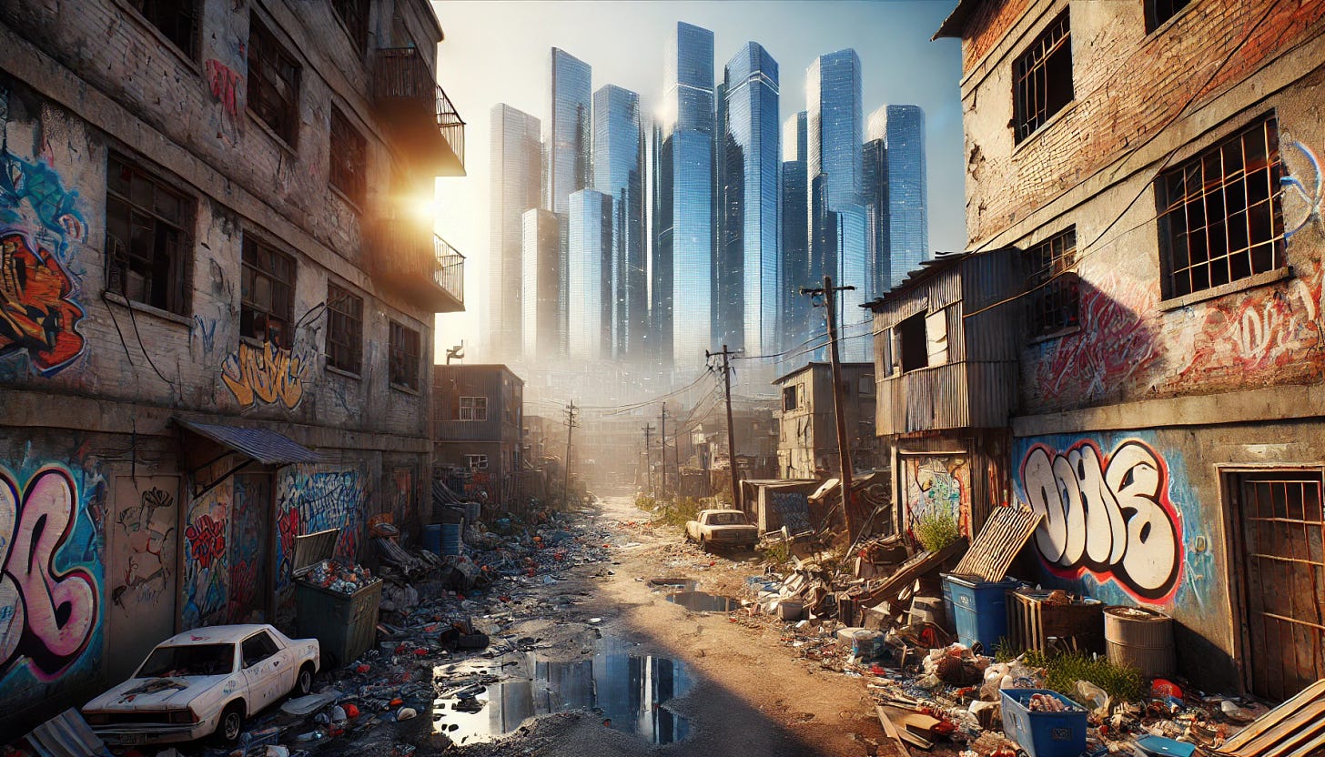 A realistic scene of a bad neighborhood with dilapidated buildings, graffiti-covered walls, and litter-strewn streets in the foreground. In the background, there are shining, modern skyscrapers with glass facades, reflecting sunlight. The contrast between the deteriorated neighborhood and the sleek, futuristic cityscape is stark and dramatic. The image is captured in a wide aspect ratio to emphasize the breadth of both environments.