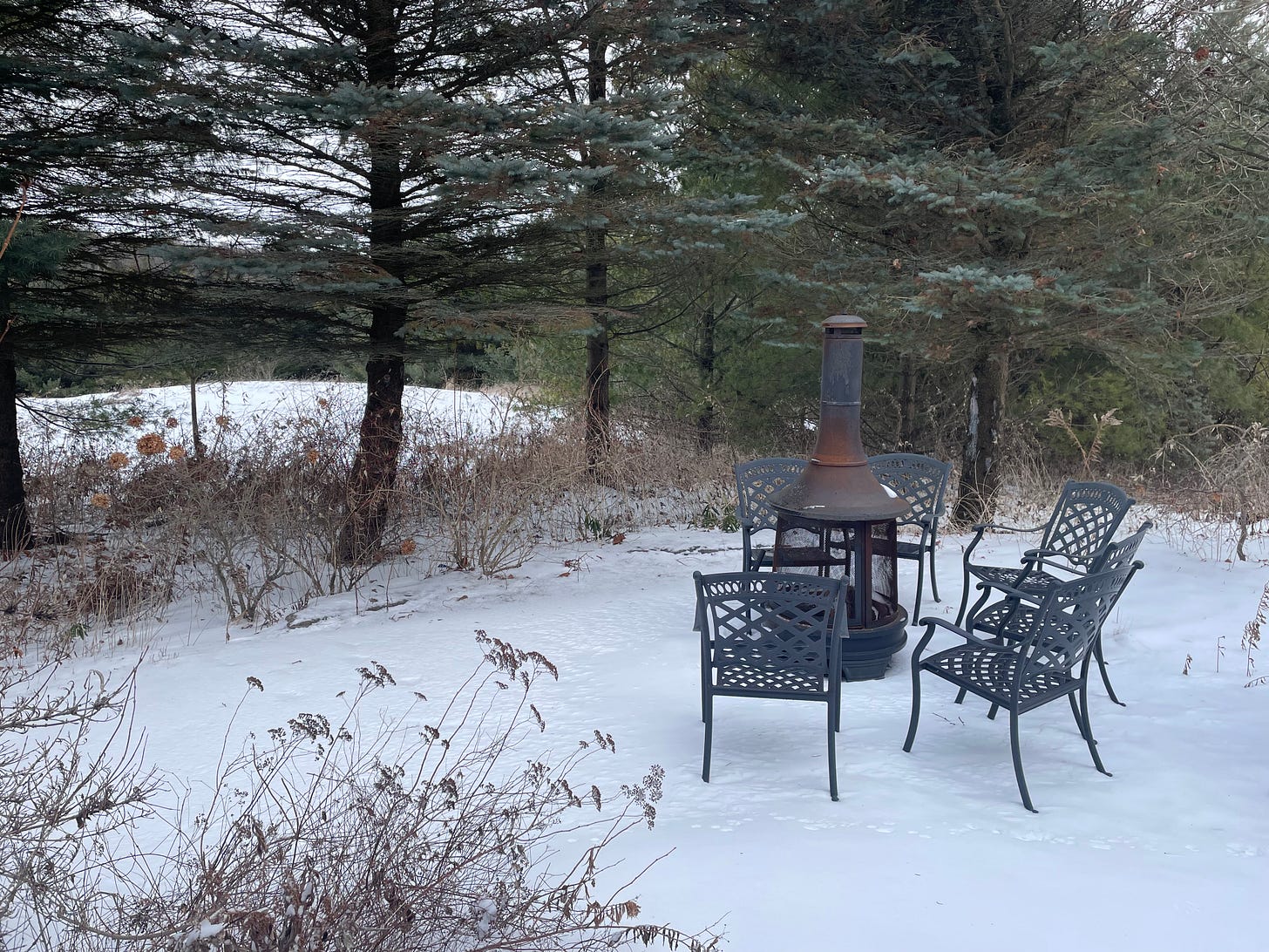 A picture of the outdoors, with chairs around a fireplace