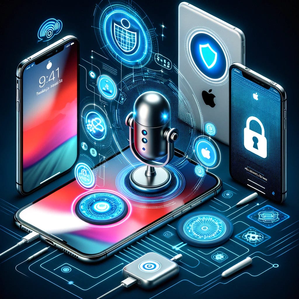 An image representing the partnership between OpenAI and Apple, featuring the integration of ChatGPT into Apple's ecosystem. Show Apple devices like iPhone, iPad, and MacBook with ChatGPT icons and Siri logo, connected by a sleek digital network. Include elements symbolizing privacy and security, such as locks and shields, and a background that suggests innovation and advanced technology.