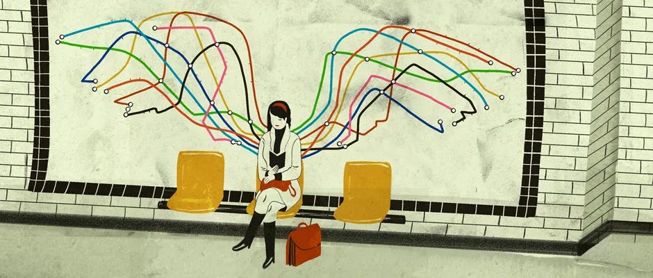 un'illustrazione di Emiliano Ponzi. Una ragazza seduta sui sedili gialli di una metro, la mappa della metro alle sue spalle forma due ali.