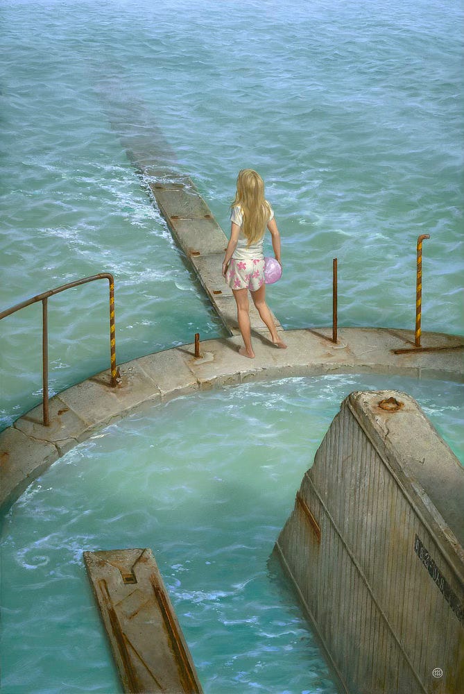 A girl stares down a concrete causeway descending into the rippling ocean. She wears shorts patterned with pink 5-pointed blossoms and a plain white shirt. Long blonde hair falls to her waist. Against her hip rests a ball held as if her play was interrupted to stare into the distance. Milky green-blue water froths climbing the causeway. The leading edge creeps up toward the low seawall on which she stands. Broken rebar juts up from the foundation. Intact to her left, the rusted metal forms a railing with the leading edge painted with yellow warning stripes. 