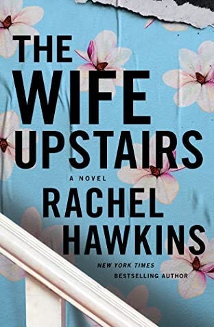 Book Cover, ligth blue wallpaper with light pink flowers spread out as if falling, ripped, white staircase at bottom; book title and author name in black bold letters