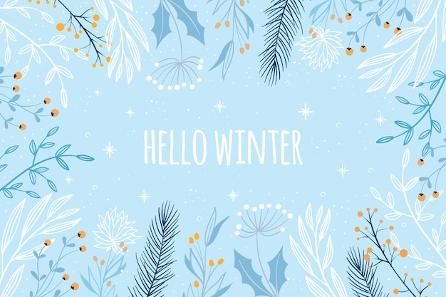 Hello winter on light blue with hand drawn winter background