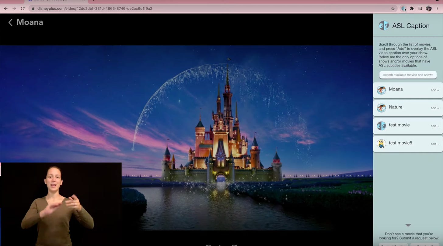 screenshot of disney intro with sign language interpreter in lower left corner and menu option on right hand side