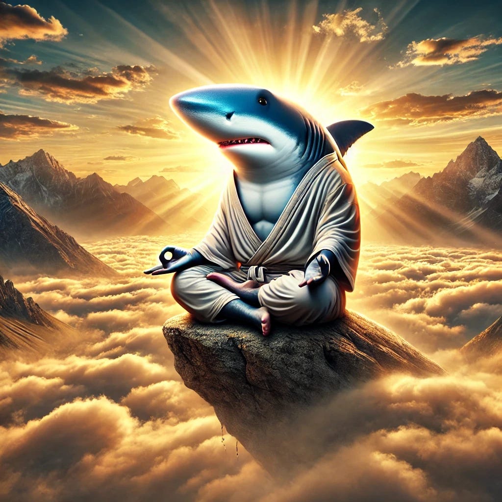 Shark meditating at the top of a mountain over the clouds.