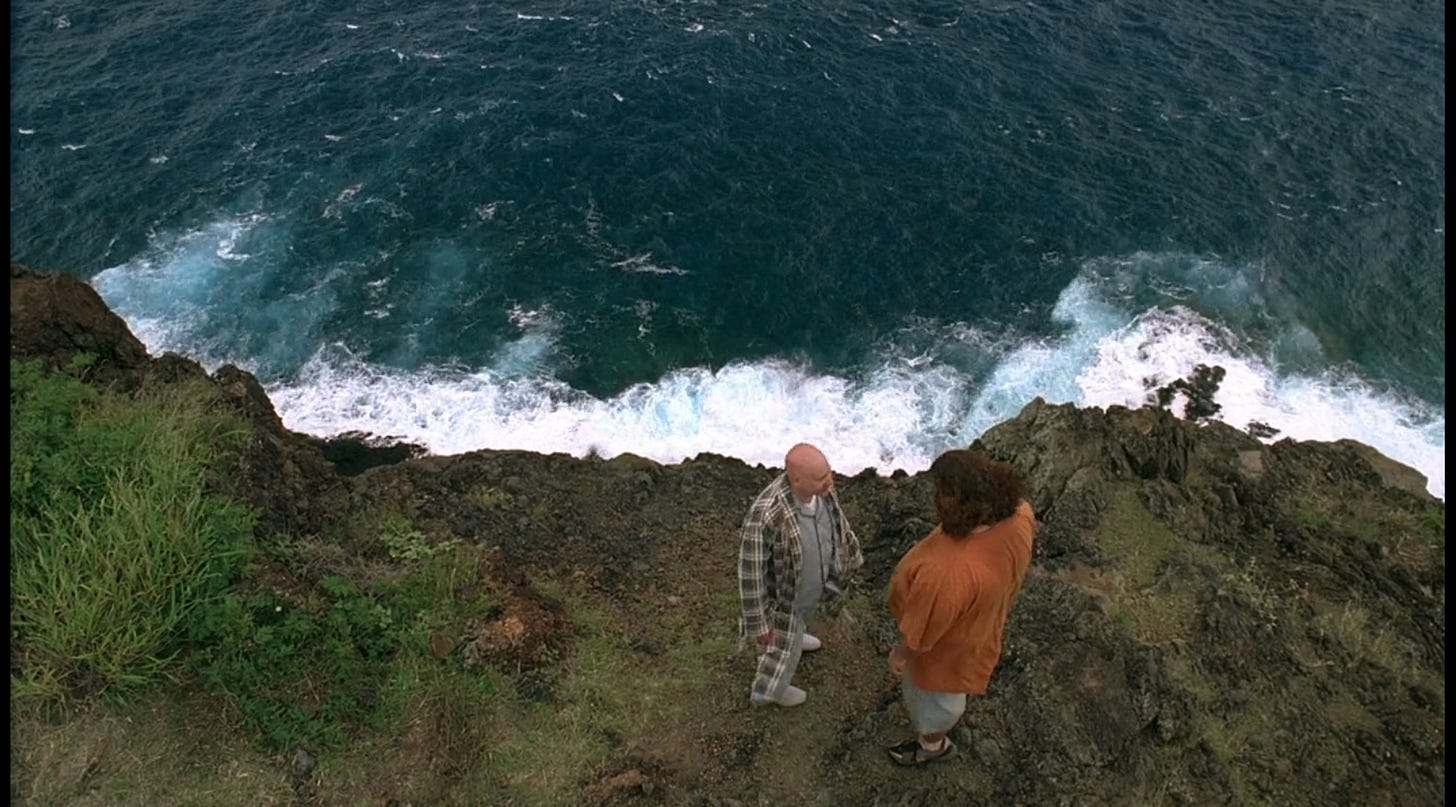 Shot from above, Dave and Hurley stand on the precipice of a very high drop to the ocean below.