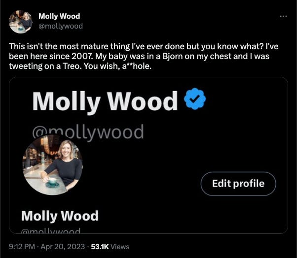A screenshot of a tweet about how I've been on Twitter since 2007, and I put my blue check in my profile header because I'm petty like that.