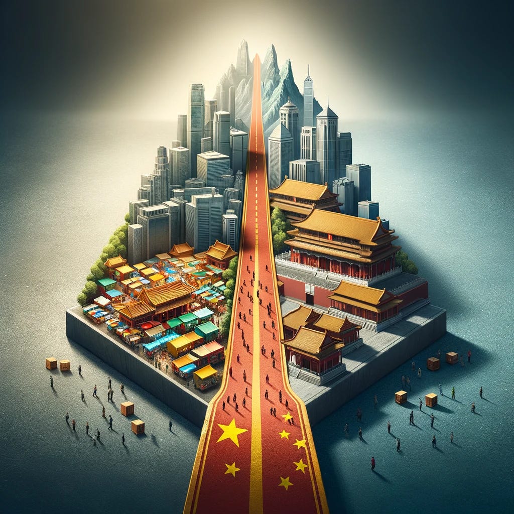 A symbolic image of a path splitting into two directions, with one side showing a bustling Chinese market scene and the other depicting a government building with traditional Chinese architecture. The image represents the dichotomy of market forces and state control in China's economic landscape.