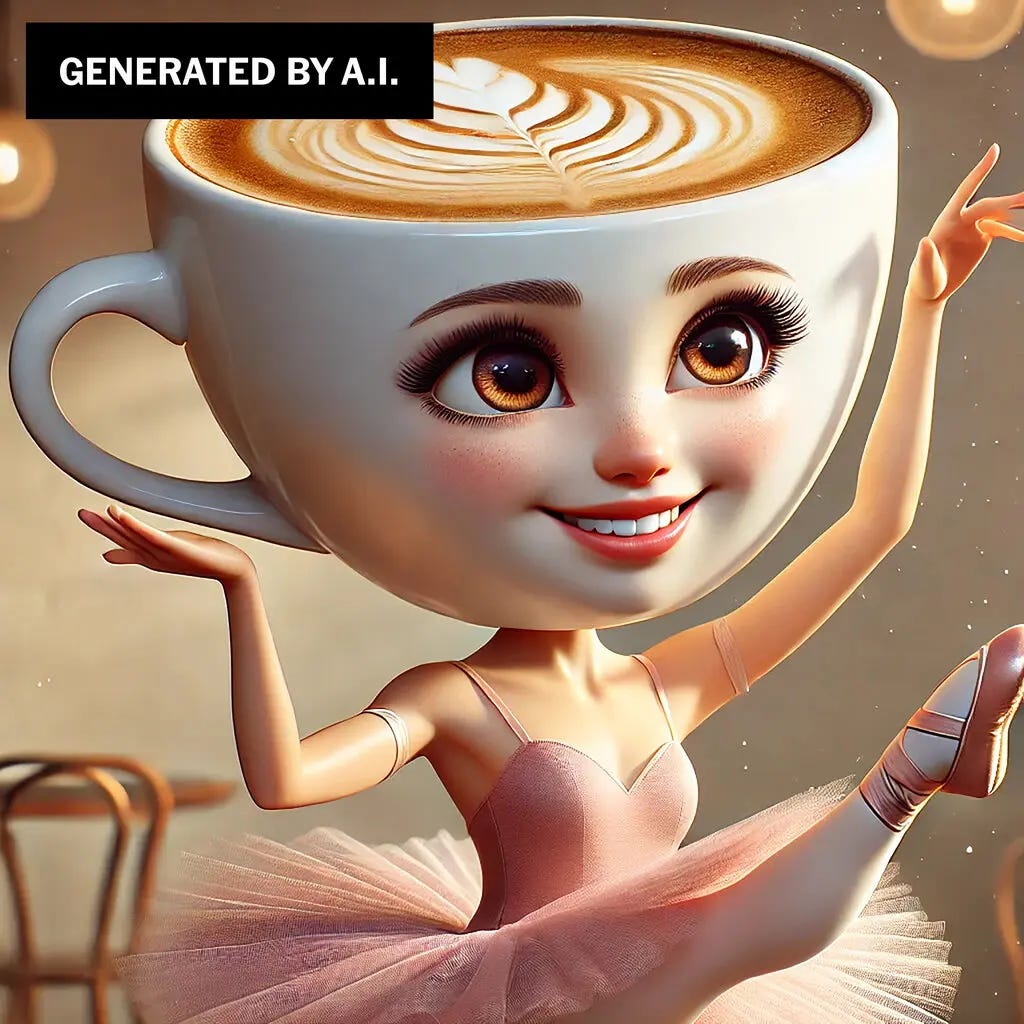 In an image with a label that says Generated by A.I., a ballerina with a cappuccino cup for a head is dancing. 