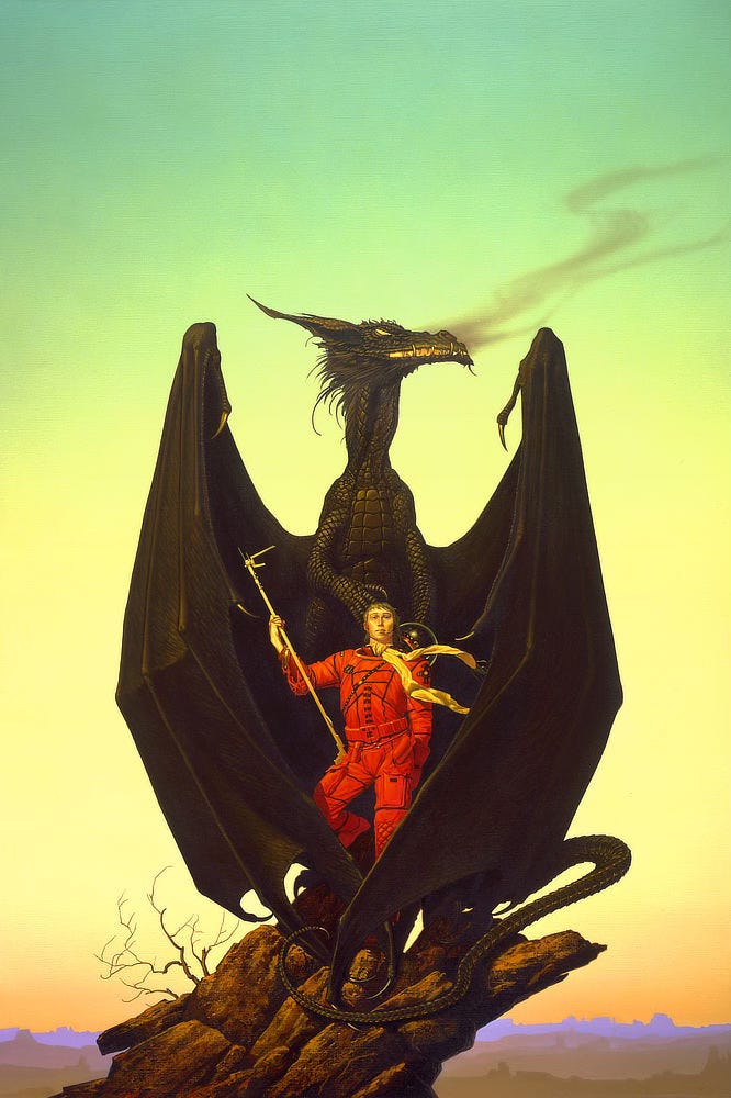 A man in a red spacesuit stands on an asymmetrical rock perch with a black dragon wrapping its wings around him protectively. Seen in profile, the dragon's maw burns with intensity matching its golden eyes. Wisps of smoke trail from the long crack of its mouth. The man's domed helmet is off, hanging just over his shoulder. He balances the butt of a long rifle on his hip. The yellow silk scarf tied about his neck flutters in the breeze. The sky behind is a gradient of acidic green giving way to yellow.