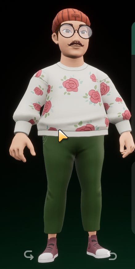A screenshot of a player character from Coral Island. The game is a 3D modelled style, and the character is pale skinned with a beanie, moustache, glasses, green pants and a white sweater with roses on it