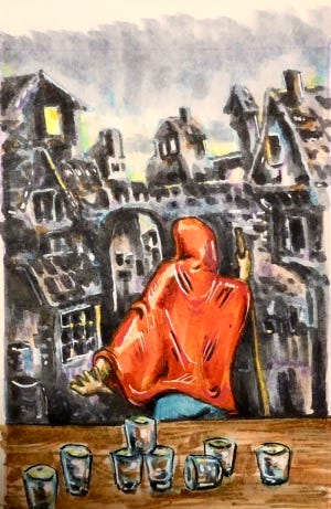 A figure in a red cloak turning their back on a table covered with cups, a dreamlike city in the background