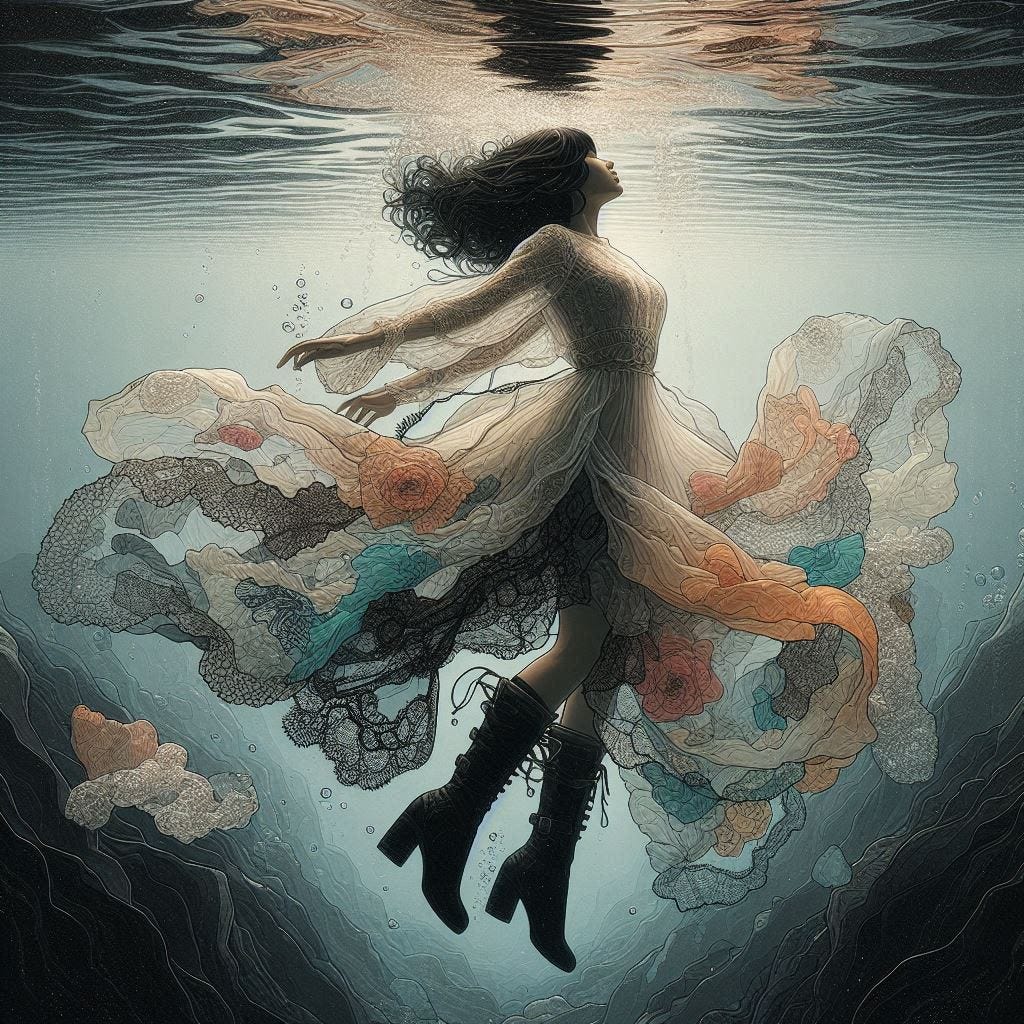 inside clear water ; tiltshift/ 5d angle glass embedded Carla caves / Broken into fragments/ pieces/Dark Haired, middle agead Asian in black boots  in front of Carla caves / in olive,ivory, chartrues, lace made of black water in resin/He is full of love. coral orange, pink, cream, olive address/ reverberating waves. black hole/ water in resin verdigris/ In the style of Michael Parkes. black etching/ black linework/ black sky
