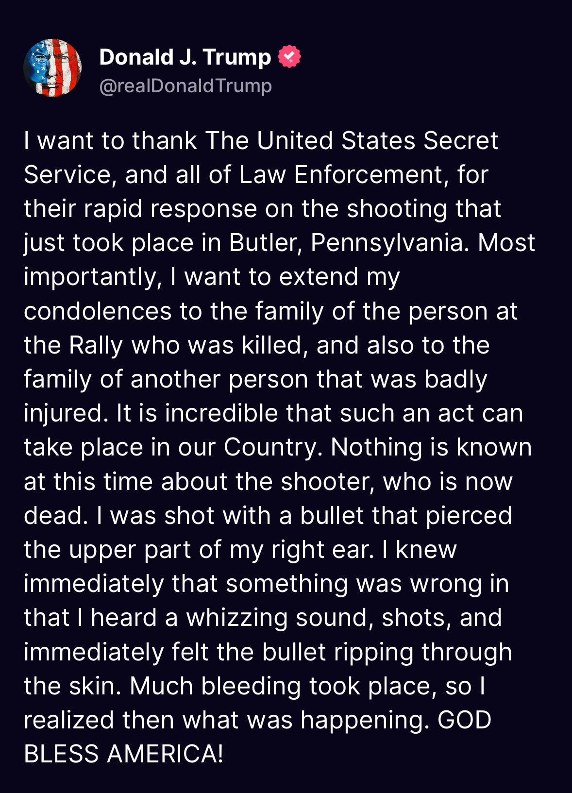 Meridith McGraw on X: "Just posted on Truth Social from Trump, who says he was  shot with a bullet that pierced the upper part of his right ear:  https://t.co/sLJoDTqFfQ" / X