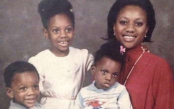 Kemi Badenoch (second left, with brother Fola, sister lola and mother Feyi) is the oldest of three children and spent her childhood in Lagos, Nigeria