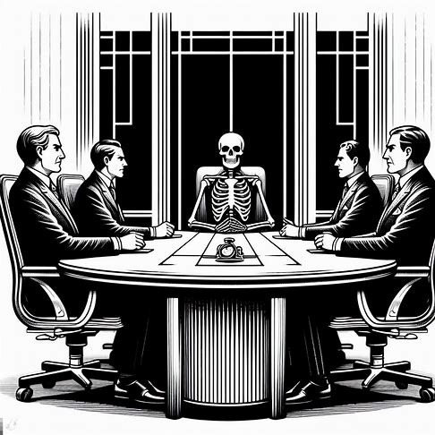drawing of a skeleton sitting at a conference table in black and white art deco style. Image 2 of 3