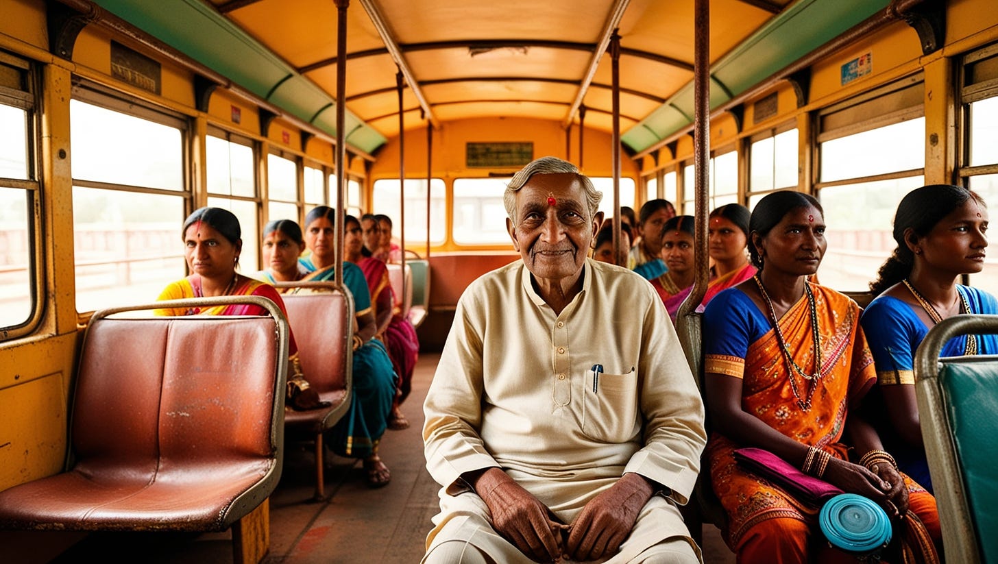 A highly detailed and realistic photograph of the interior of a traditional Indian bus, with a warm and vibrant color palette, showing worn and faded seats, rusty metal handrails, and worn-out floors, featuring an elderly Indian man with a kind face, wrinkles, and grey hair, wearing a traditional white or beige kurta and pyjama, with a gentle expression, sitting on a seat, looking straight ahead, with a subtle hint of a smile, surrounded by other passengers, including women and children, all with distinctive Indian facial features, skin tones ranging from fair to dark, and adorned with colorful clothing, accessories, and jewelry, with natural lighting pouring in through the windows, casting a warm glow on the entire scene, capturing the essence of everyday Indian life.