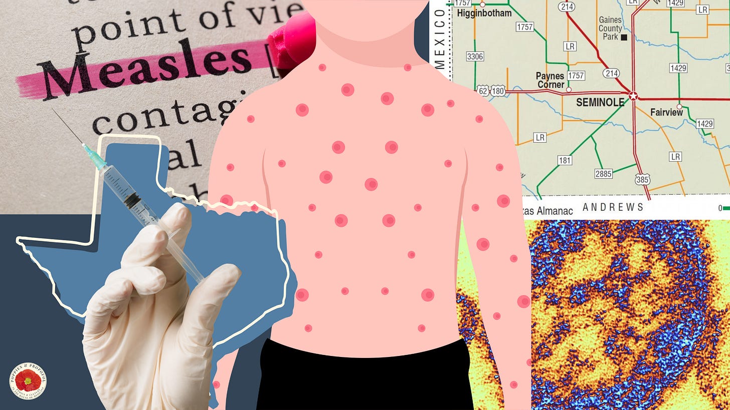 a collage of images related to the measles outbreak in Texas, including a child iwth a rash, an outline of the state of texas, a map of Gaines county, a microscopic image of measles virus, the word measles highlighted with a pink marker, and a gloved hand holding a syringe and needle