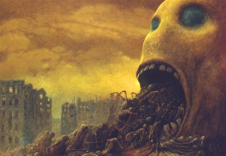 A painting in which hordes of hideous, skeletal creatures push themselves into the gaping mouth of a giant, skull-like head.