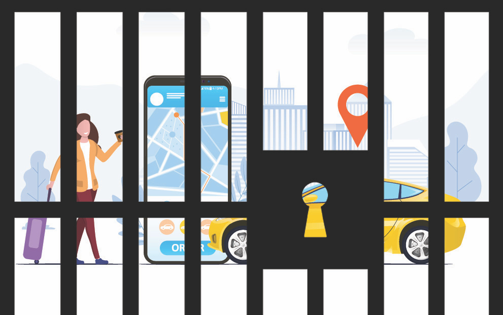 Image of a woman using a ride hailing app, with prison bars in the foreground
