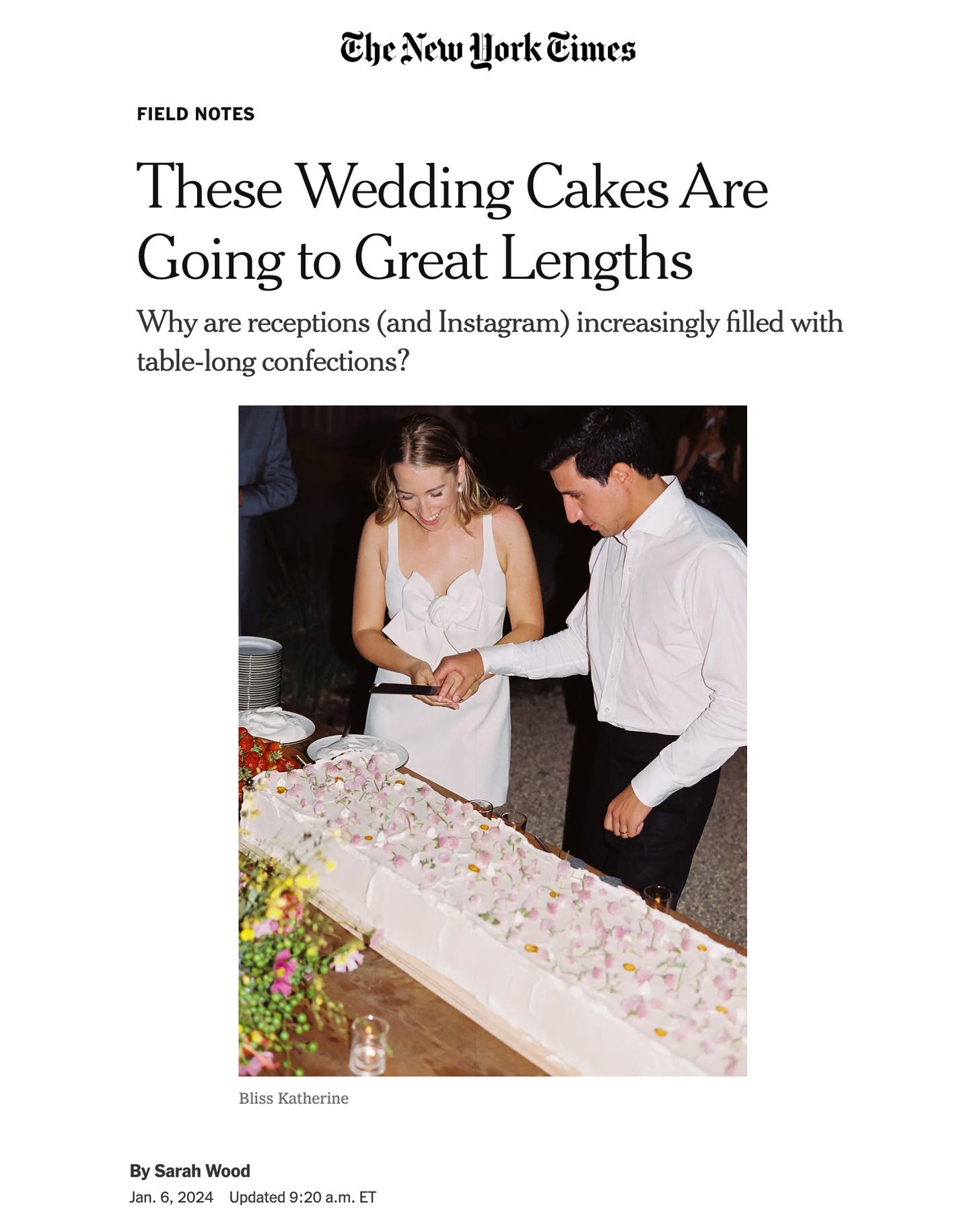 Screenshot of a NY Times article with the headline "These Wedding Cakes Are Going to Great Lengths"