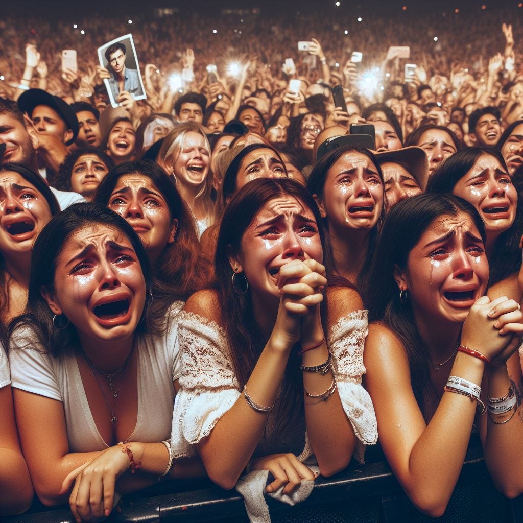 multidão de mulheres emocionadas chorando e idolatrando seu cantor favorito em um show