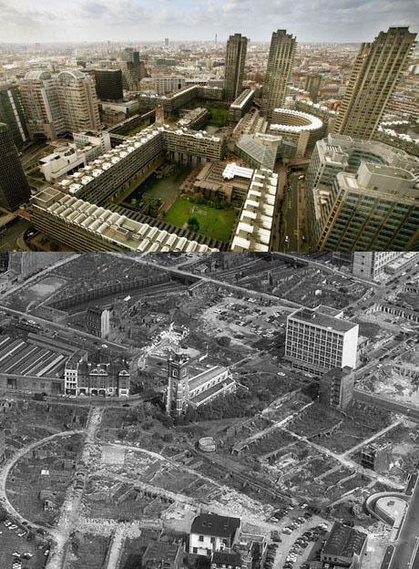 Then and now. London Barbican Center on Blitzed Area
The Barbican arts center was the first large scale project to be designed after the war, on the site of one of Londons most bomb ravaged areas. The view here shows the site preparation with Roman...