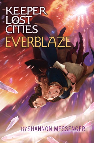 everblaze cover, a dark haired boy and blonde girl falling intentional from a tall shining building
