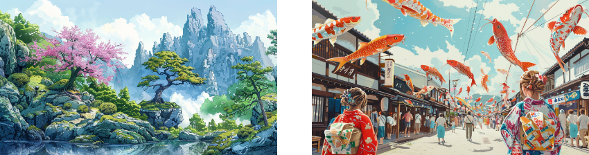 Stylized landscape painting depicting a serene mountain setting with rocky outcrops and traditional architecture, accented by a cherry blossom tree, alongside a scene of a Japanese festival street lined with hanging koi fish decorations and people in colorful attire.
