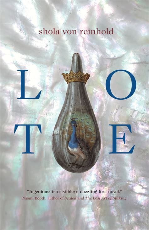 The book cover of Lote which is a mother of pearl back ground, with the title and an alembic with a crown and peacock from an alchemical text in the centre