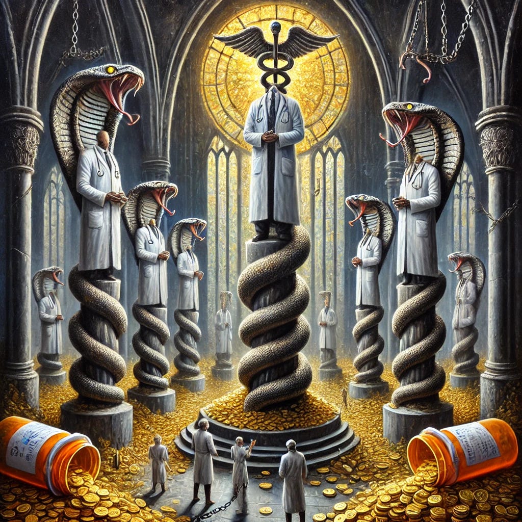 A surreal, dramatic oil painting of a dark, cathedral-like hall with towering figures in pristine white coats standing on pedestals. Their stethoscopes transform into serpents, symbolizing corruption. Surrounding them are piles of golden coins and prescription bottles spilling over. The background features a large stained-glass window with medical symbols entwined with chains, symbolizing entrapment. At the base of the pedestals, smaller figures struggle to climb, burdened by oversized medical bills and shackles shaped like pills. The scene has sharp contrasts in light and shadow, evoking tension and conflict. The colors are rich and bold, with golds, silvers, and deep shadows dominating the palette.