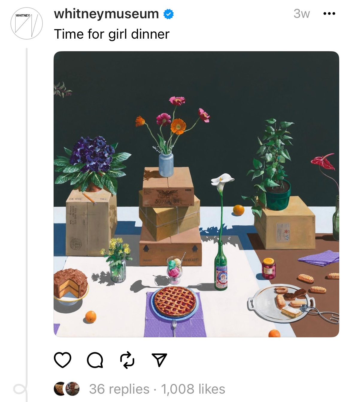 Post that says "Time for girl dinner" with a paining of little snacks and cakes on a table
