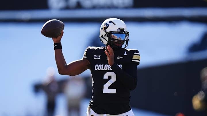 Shedeur Sanders passes during Colorado's 52–0 win over Oklahoma State on Nov. 29, 2024.