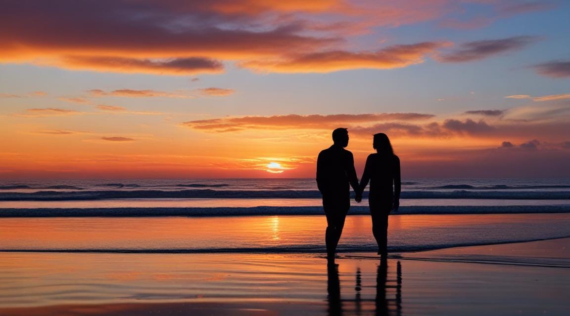 two people in love standing in front of a sunset