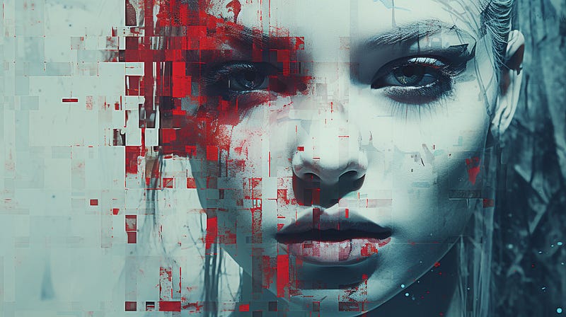 Glitched grunge digital texture background:: Painting of hyper realistic photograph of a beautiful platinum woman with white makeup, superimposed text design, in the style of meredith marsone, olivier valsecchi, white and red tones, impasto, sharp focus, split toning, michael shapcott, lithograph, red brushes overlay, glitches of white paint, etched, creased — ar 16:9 Glitched grunge digital texture background:: Painting of hyper realistic photograph of a beautiful platinum woman with white makeup, superimposed text design, in the style of meredith marsone, olivier valsecchi, white and red tones, impasto, sharp focus, split toning, michael shapcott, lithograph, red brushes overlay, glitches of white paint, etched, creased — ar 16:9