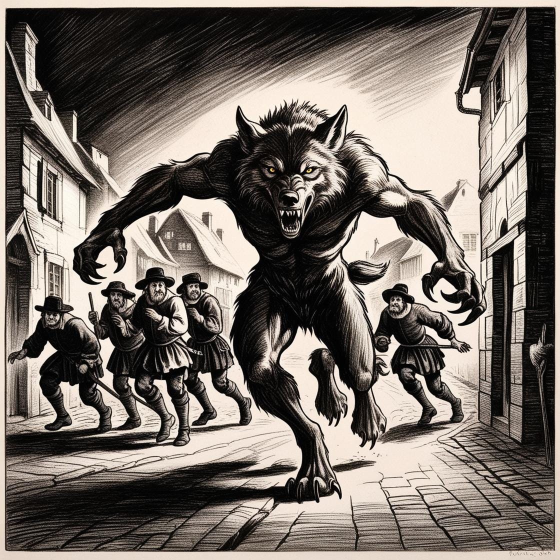 In a darkly inked historical illustration, a towering werewolf with outstretched claws looms over a cobblestone street as panicked townsfolk scramble to escape. The image evokes the terror and superstition of the French werewolf trials.