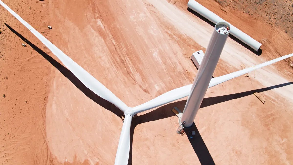 A wind turbine lays on the ground as part of a wind farm being built in New Mexico.
