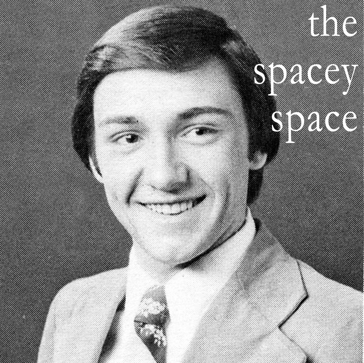 A logo for the defunct podcast, 'The Spacey Space' featuring a black and white photo of a young Kevin Spacey