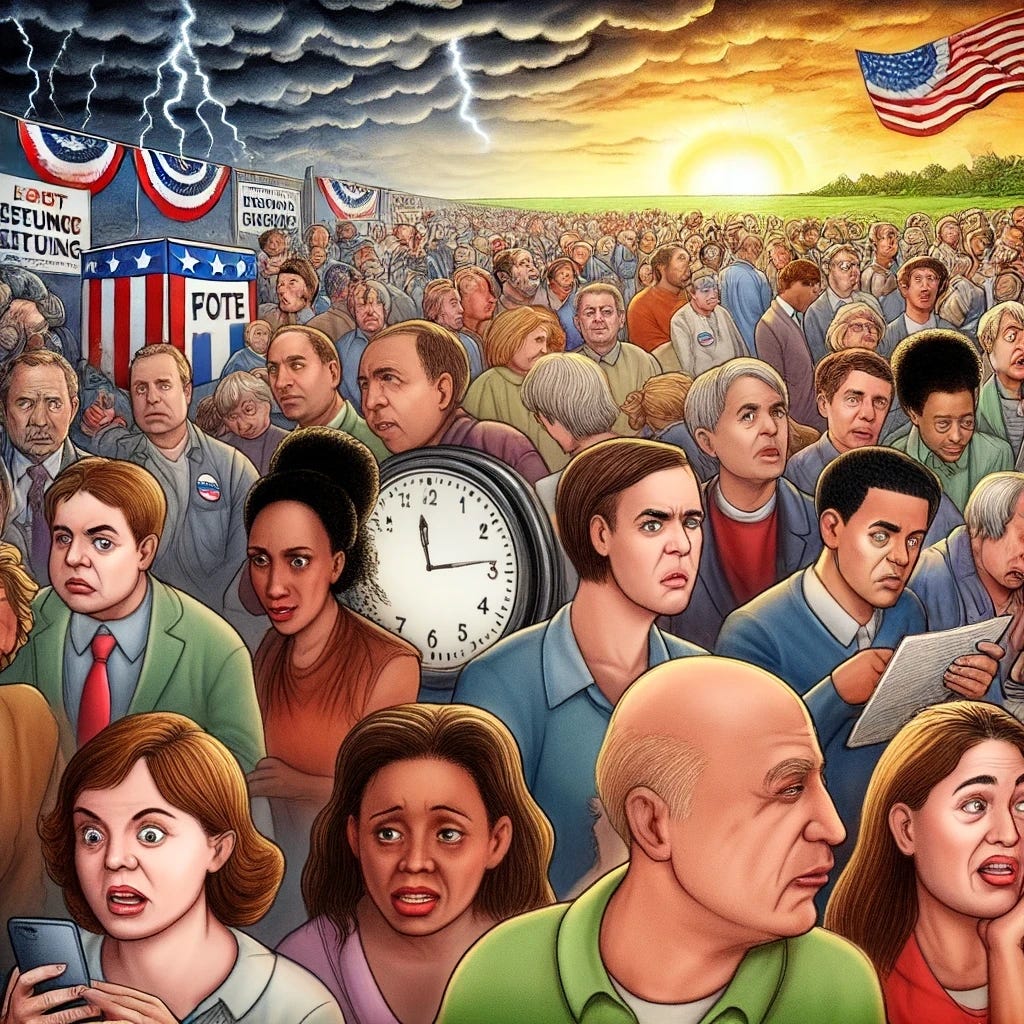 A political cartoon capturing the mixed emotions of anxiety, hope, fear, and optimism on election night, close to 7 pm. The scene shows a diverse crowd of people with a variety of racial backgrounds gathered at a polling place, with expressive faces ranging from worried and tense to hopeful and determined. Some people are glued to their phones checking updates, while others are in conversation or deep in thought. A large clock is prominently displayed, showing the time close to 7 pm. The background shows a sky with half dark storm clouds and half bright sunlight, symbolizing the uncertainty and hope of the moment. Campaign posters and signs are scattered around, emphasizing the importance of the night.