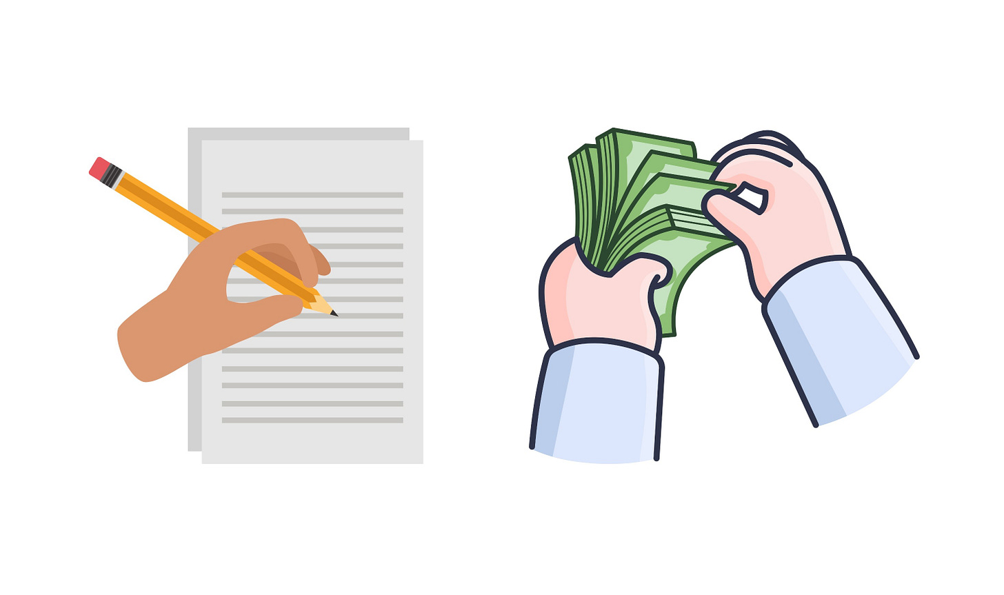 Graphic of a hand writing alongside another graphic of a person counting money.